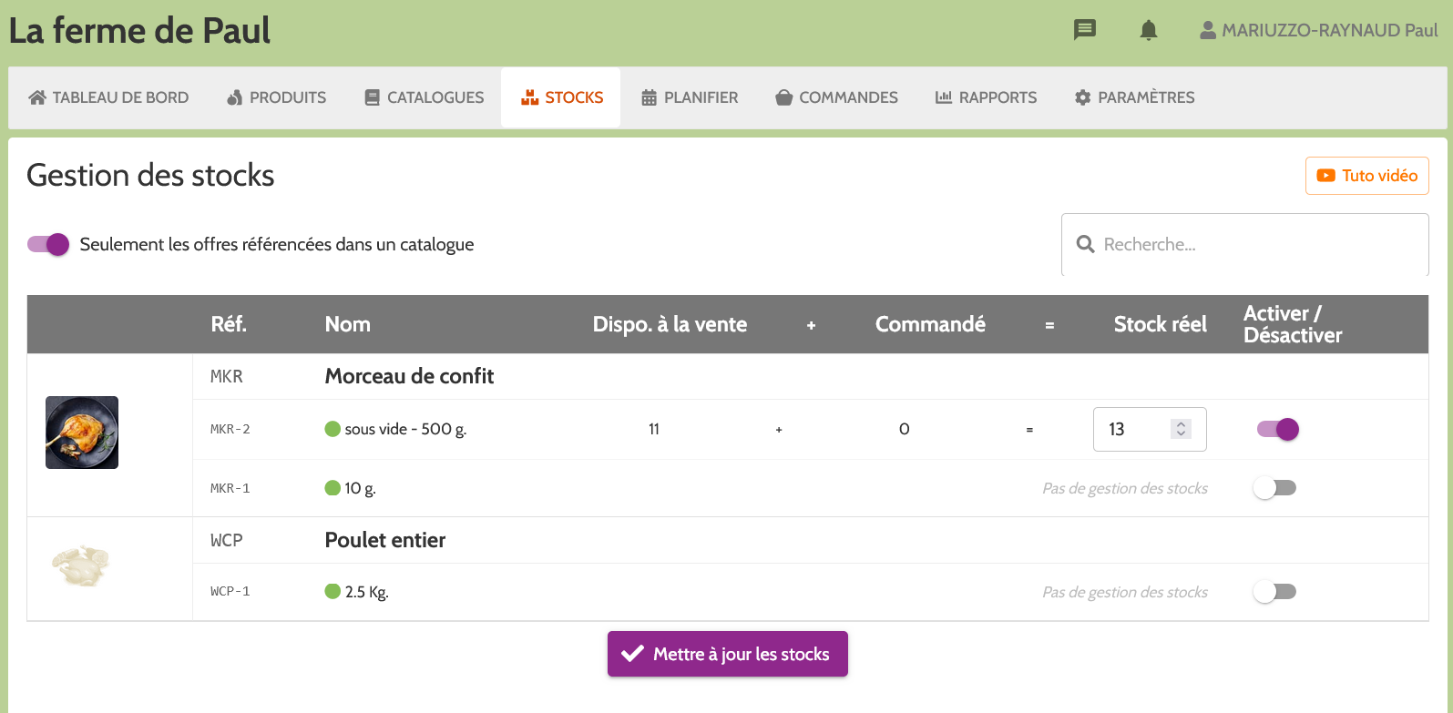 vue de la page Stocks
