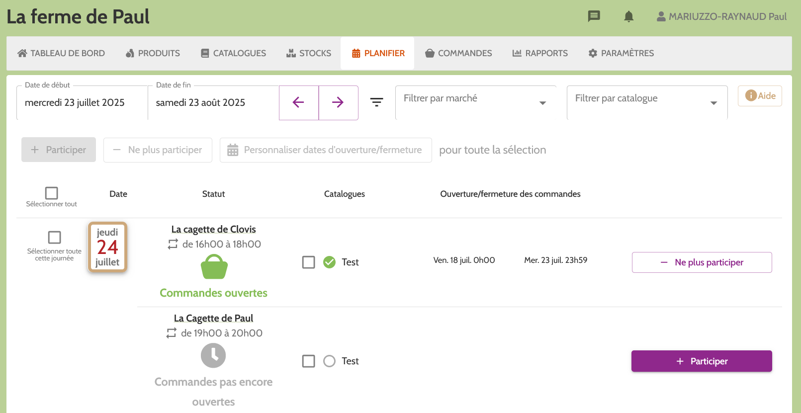 Vue sur la page PLANIFIER