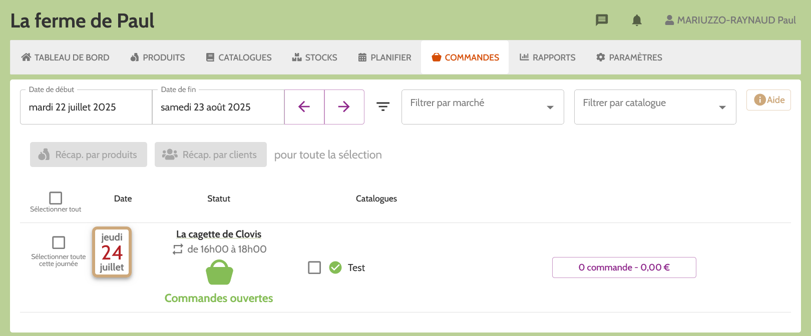 vue sur la page Commandes