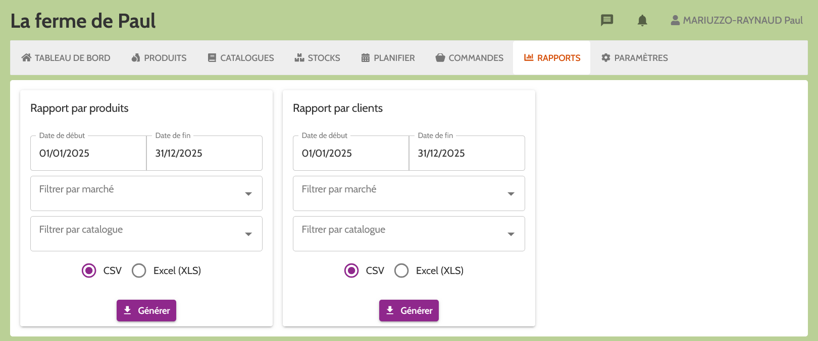 vue sur la page Rapports