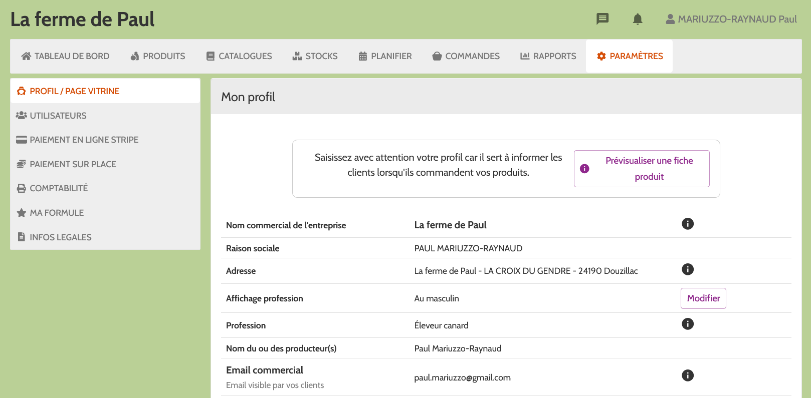 vue sur la page Paramètres